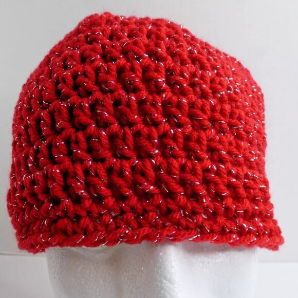 Red Beanie Skull Cap Gold Men Women Winter Hat Handmade Crochet Hand Knit OS - Picture 6 of 8